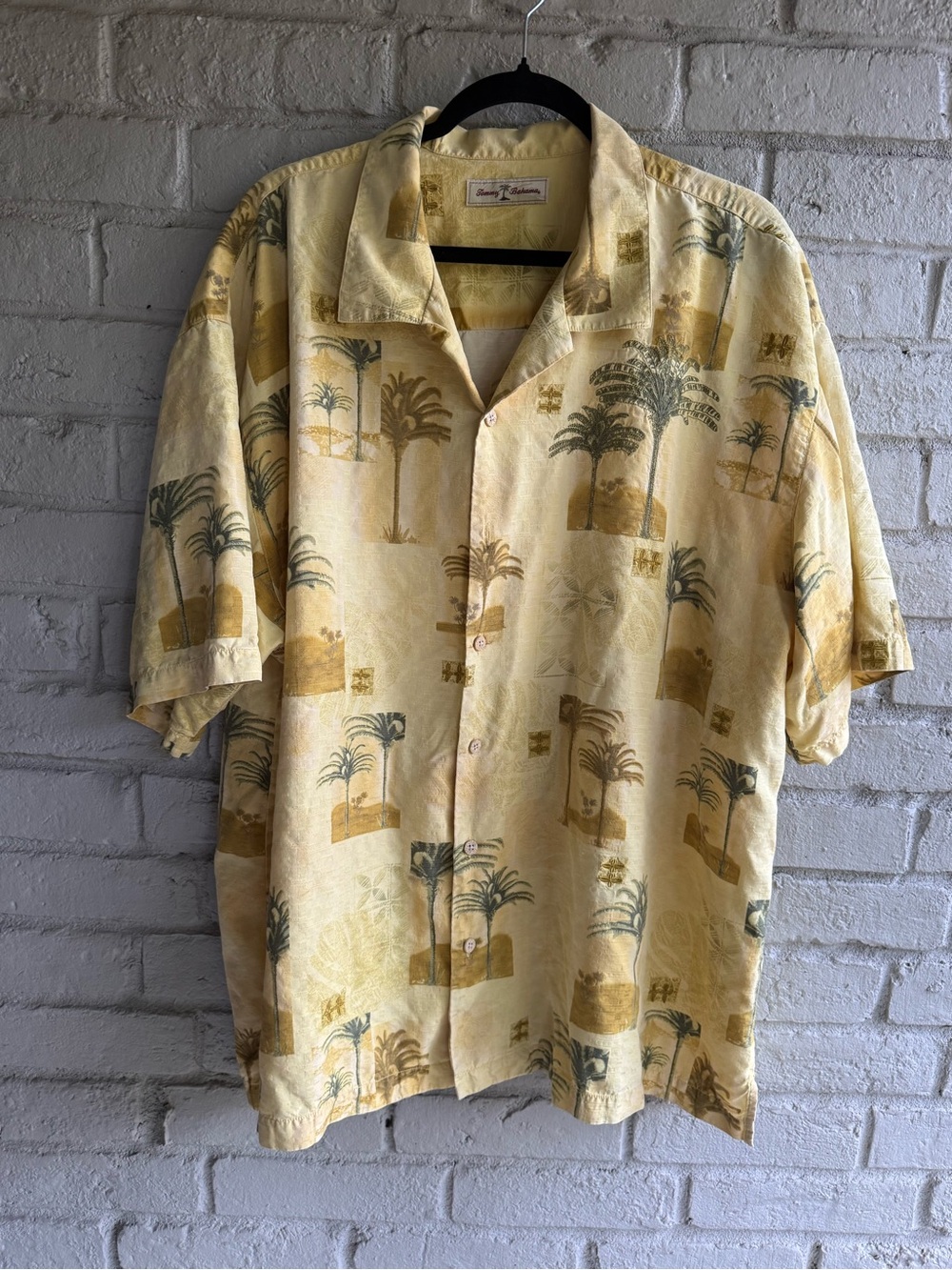 Tommy Bahama Yellow Palm-Print Button-Front Shirt EUC Sz XXL Silk